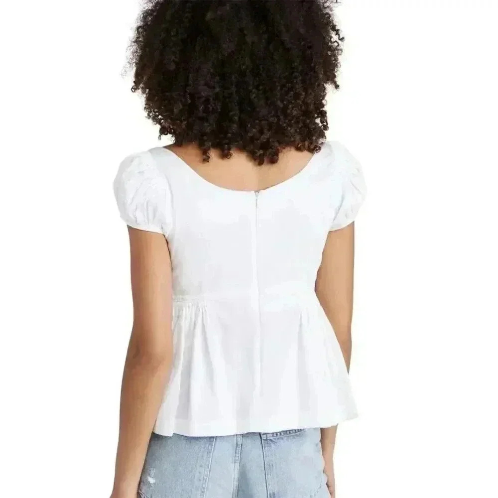 Rebecca Taylor Women's White Puff-Sleeve Blouse Size 8 Casual Classic Cotton - Picture 6 of 15